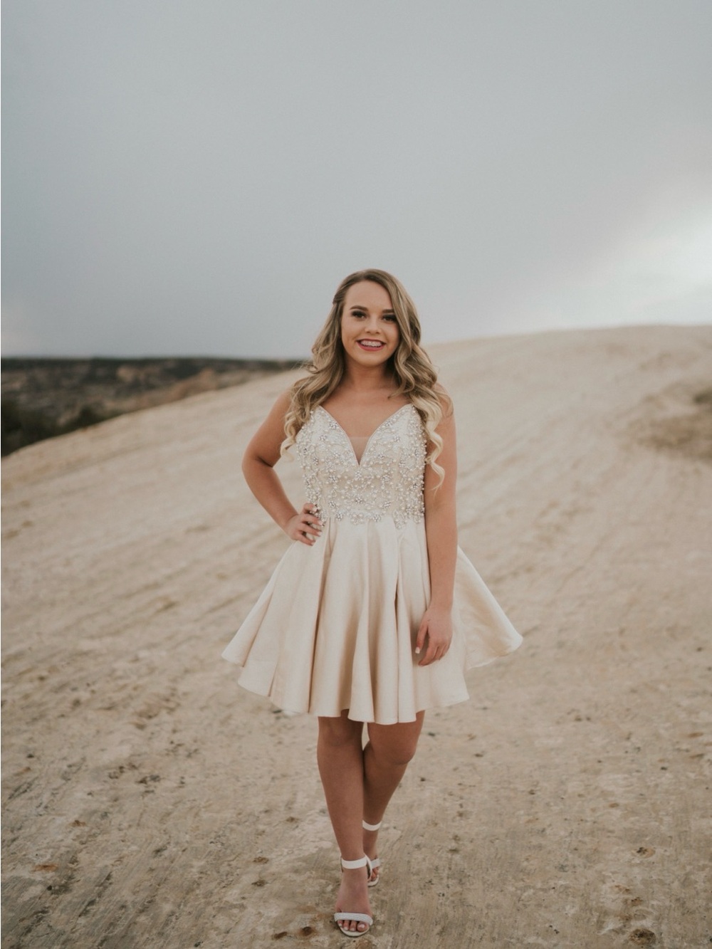 Gianni Bini Cream Embellished V-Neck Mini Dress